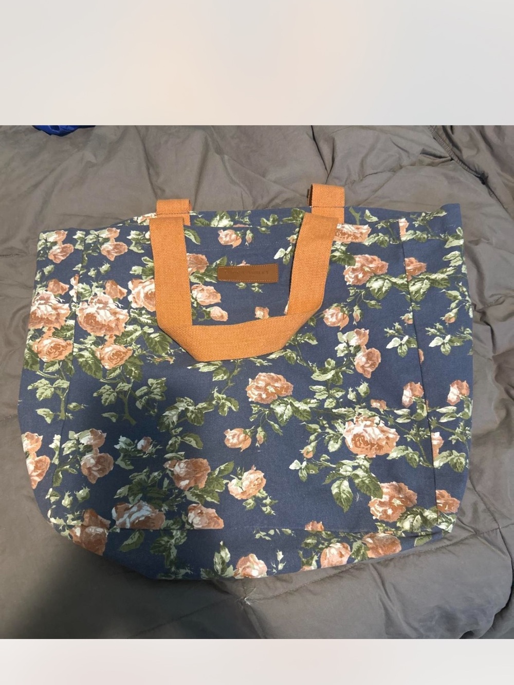 Laura Ashley Canvas Floral Tote Bag with Brown Handles